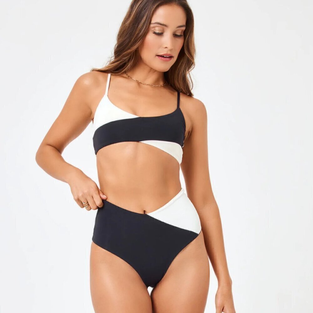 New L*Space Color Block High Tide Clasic Black/Cream Bikini Bottom Medium NWT